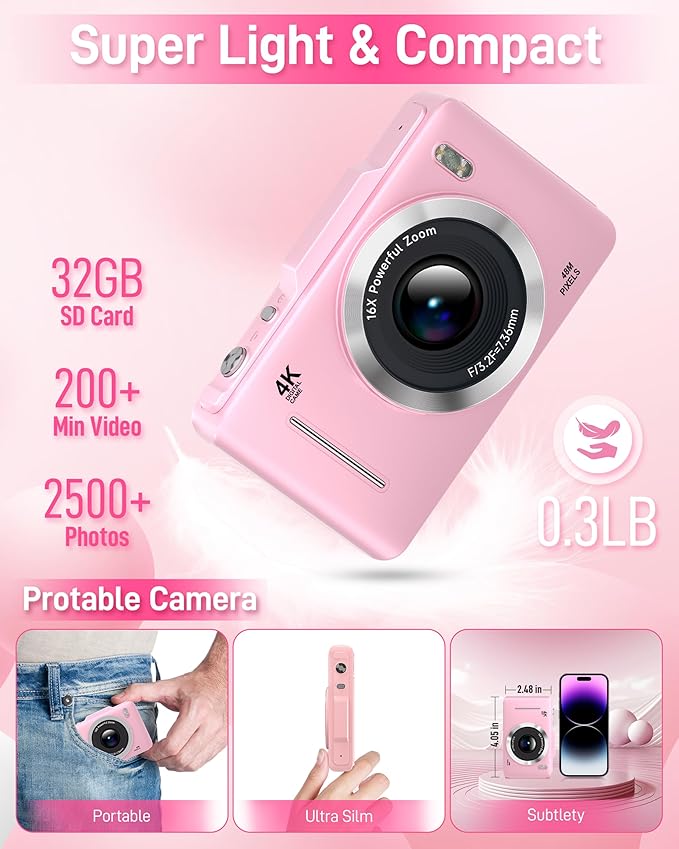 Digital Camera, FHD 1080P Kids Camera Digital with 16x Zoom Anti Shake, 32GB Card, 4K 48MP Portable Compact Point and Shoot Cameras, Vintage Small Camera for Teens Beginner Kids Present