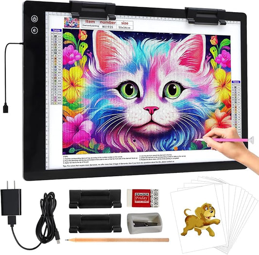 KOBAIBAN Rechargeable Large A2 Tracing Light Pad, 3 Colors Light Mode Diamond Painting Cordless Light Board, 6-Level/Stepless Adjusted Brightness Wireless Artist Light Box Copy Table for Designing