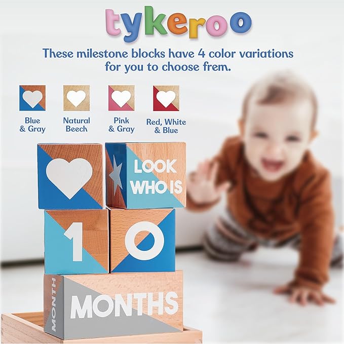 Baby Monthly Milestone Blocks — Cute Nursery Decor — Lovely Newborn Photography Props — Baby Shower Gifts (Blue & Gray)