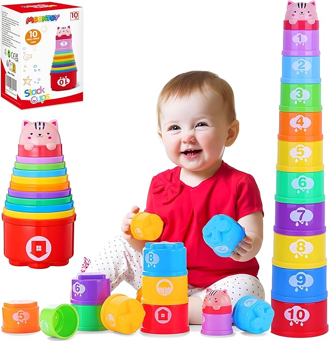 MOONTOY Stacking Cups Baby Toys 6 10 12 18 Months, Montessori Toys for 1 Year Old Toddler Learning Toy with Numbers Shapes Patterns, Baby Bath Toy 6-12 Months, Gifts for 1 2 3 Year Old Boys Girls