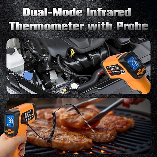 Dual-Mode Infrared Thermometer Gun,-58°F to 1472°F Laser Temp Gun, -58°F to 572°F K‑Type Probe with Humidity Display, 12:1 D:S