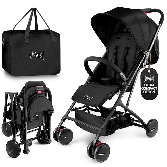 Jovial Lightweight Baby Stroller, Folding Travel Stroller with Reclining Seat, Canopy, 5-Point Safety Harness, Storage Basket, Smooth Wheels, Compact Portable Design (39.8" x 18.7" x 32.3")