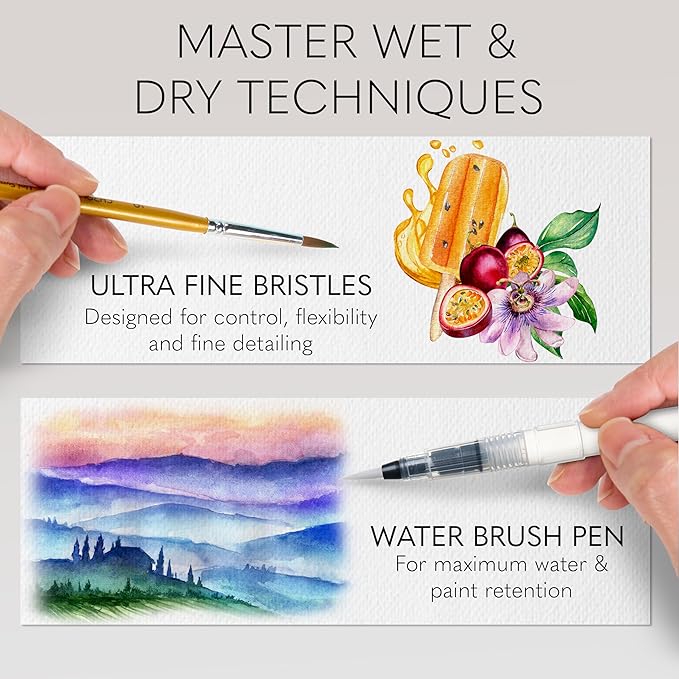 CHROMATEK Watercolor Paint Set β 50 Vivid Colors Including Transparent, Opaque & Pastel β Art Kit with Brush, Water Pen, Palette, Color Chart, Swatch Sheets, Pad & Metal Travel Case