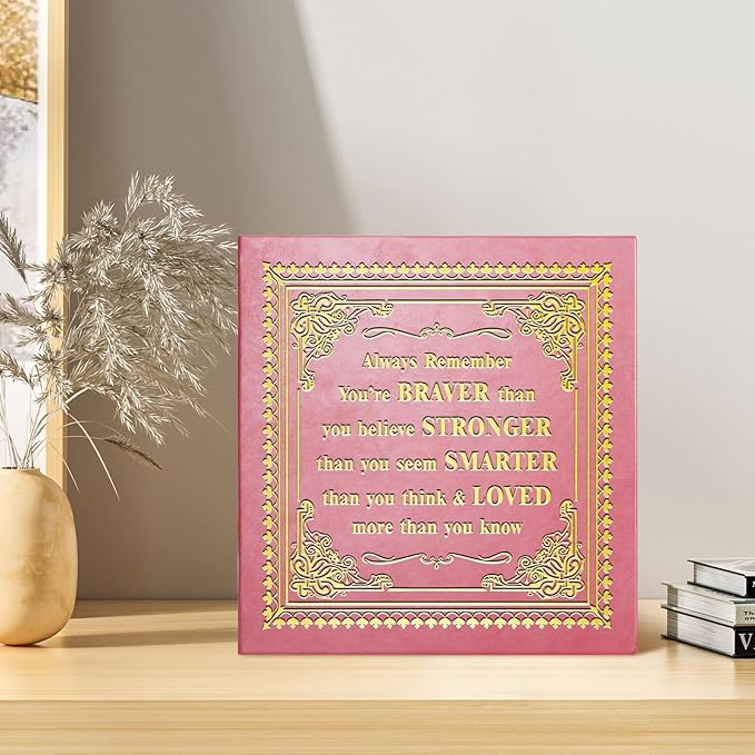 Inspirational Leather Photo Album,Magnetic Self-Stick Page Photo Album,Family Album,Hand Made DIY Albums Holds 3x5, 4x6, 5x7, 6x8 Photos (pink-always remember)