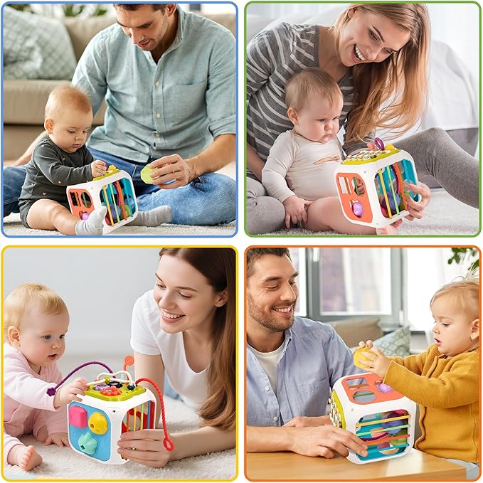 MINGKIDS 7 in1 Sensory Development Multifunctional Sensory Teething Toys for 1 2 Year Old Boy Girl,Shape Sorter Pull String Travel Car Toys for 12 Month