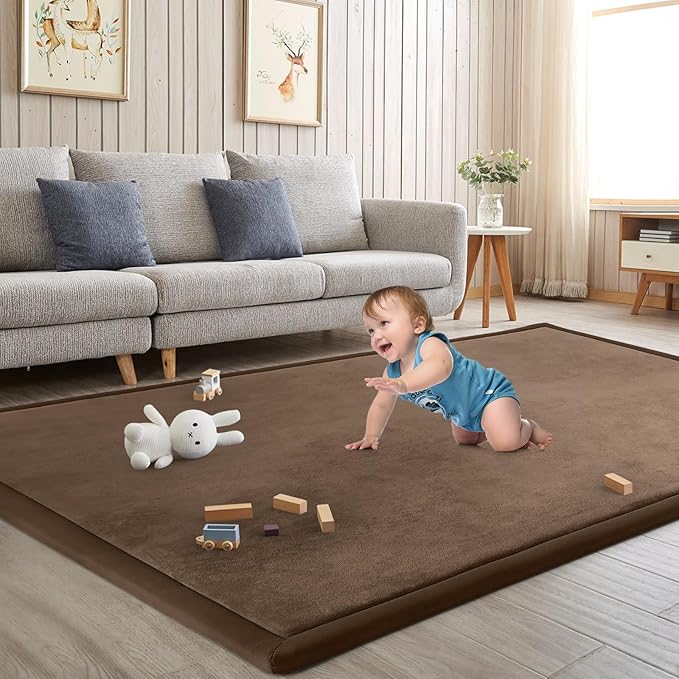 Baby Play Mat for Floor Tummy Time Mat Nursery Muscle Area Rug Playroom Tatami 79"x118" Memory Foam 1.3" Thick Crawling For Babies,Toddlers, Infants, Kids,Floor,Coffee