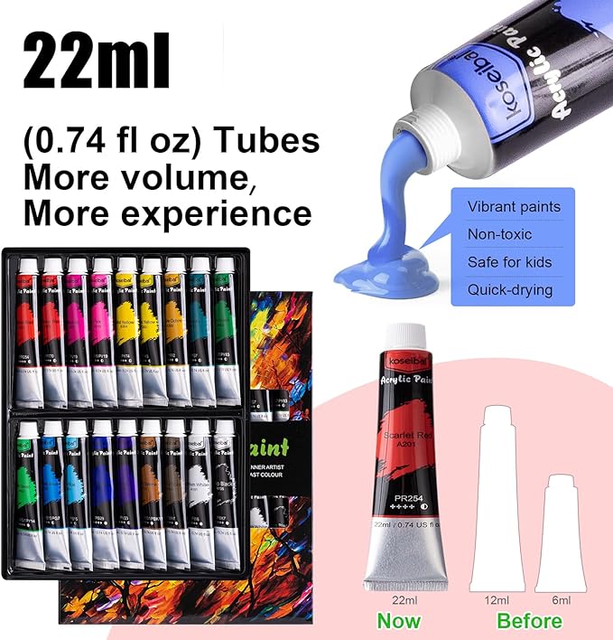 koseibal Acrylic Art Set with 18 Acrylic Paints, 8 Brushes, 4 Stretched Canvas, 1Wooden Easel, Etc, Premium Painting Supplies Kit for Students, Artists Kids, Adults, and Beginner.