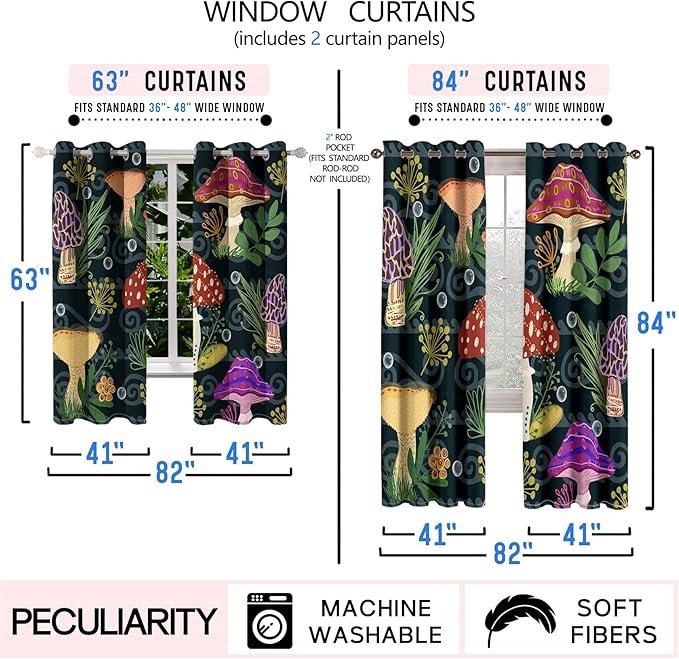 Mushrooms Curtains Panels for Kids Room Green Mushroom Blackout Curtains 63 inch Length for Kids Bedroom Living Nursery Room Grommet Top Thermal Insulated Curtains, 2 Pcs Panels, 82" x 63"