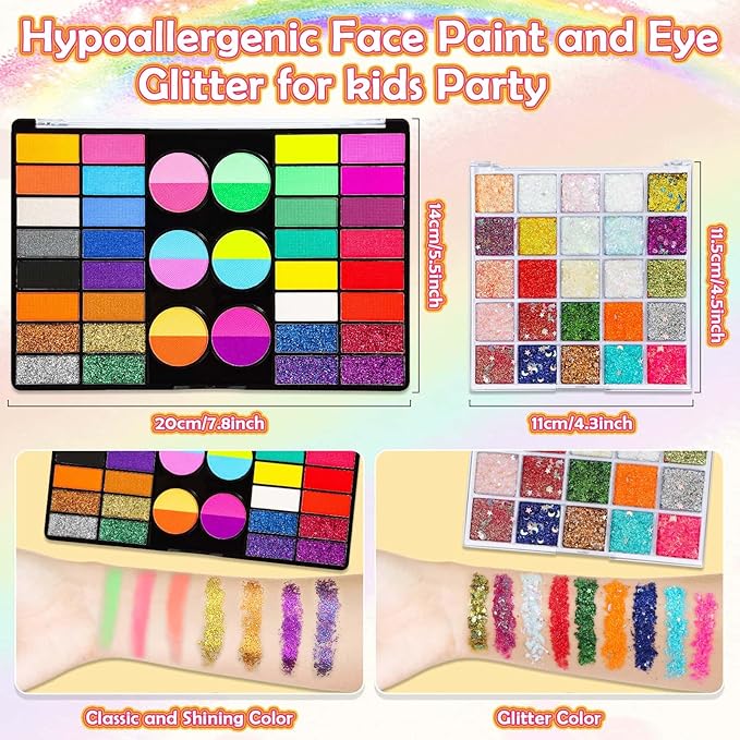 Professional 69 Colors Face Painting Kit for Kids – Washable Skin Watercolor Non-Toxic Body Paint Face Glitter Makeup Palette with Stencils, Gems, Brushes– for Kids Party Cosplay Halloween FX