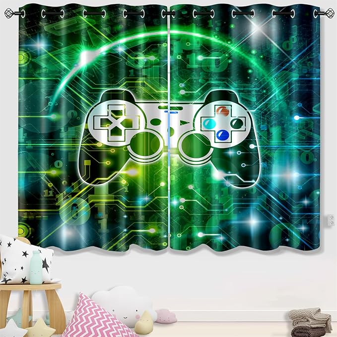 Gaming Blackout Curtains for Boys - 2Pcs Game Windows Curtain Panels for Boys Bedroom Green Gaming Console Curtains for Teens Boys Kids Room Decor Grommet Top, 82 in x 63 in