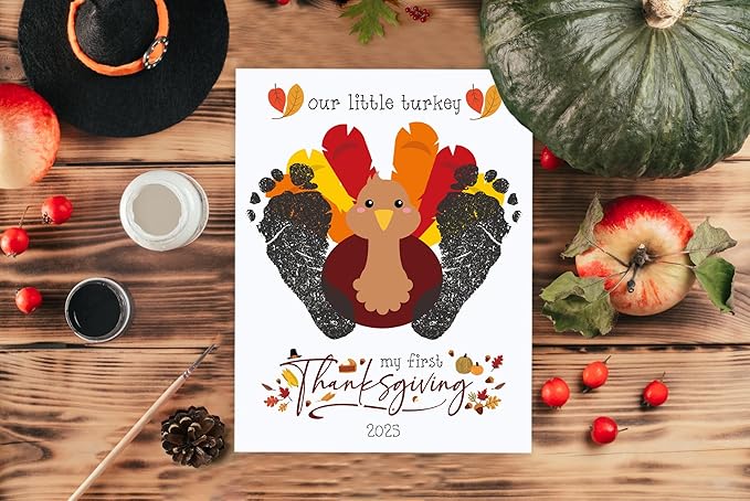 My First Thanksgiving Foot Print Kit for Baby, DIY Baby Keepsake Gifts, 10 Cute Turkey Cards, Supplies for Thanksgiving Party Games, Make Your Own Thank You Greeting Cards Gifts for Mom and Dad, 02