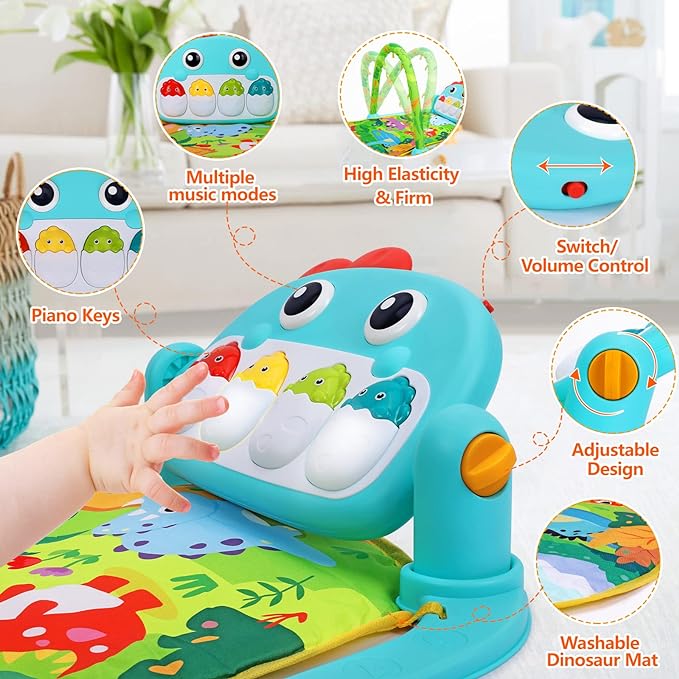 UMIKU Baby Gym Play Mats Baby Toys Tummy Time Mat Musical Activity Center for Newborn Infant Piano Babies Play Mat Music & Light Newborn Infant Gifts for Babies 0-3 6 9 12 Months Dinosaur Style