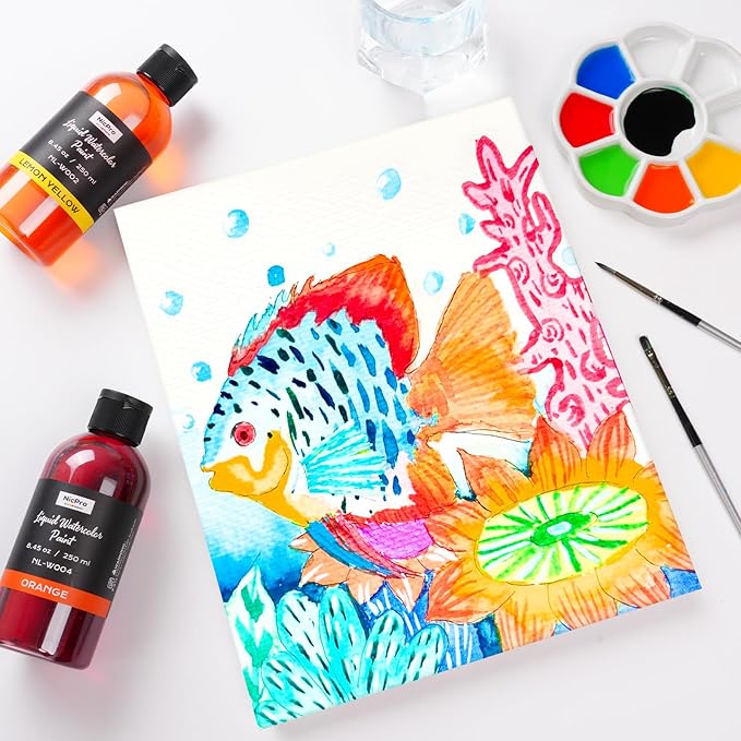 Nicpro 6 Colors Liquid Watercolor Paint Set, 8.45oz Large Bottle Liquid Watercolor Paint, Non-Toxic Water Colors Painting Supplies for Art Activity, Craft DIY, Poster, School, Home, Classroom, Party