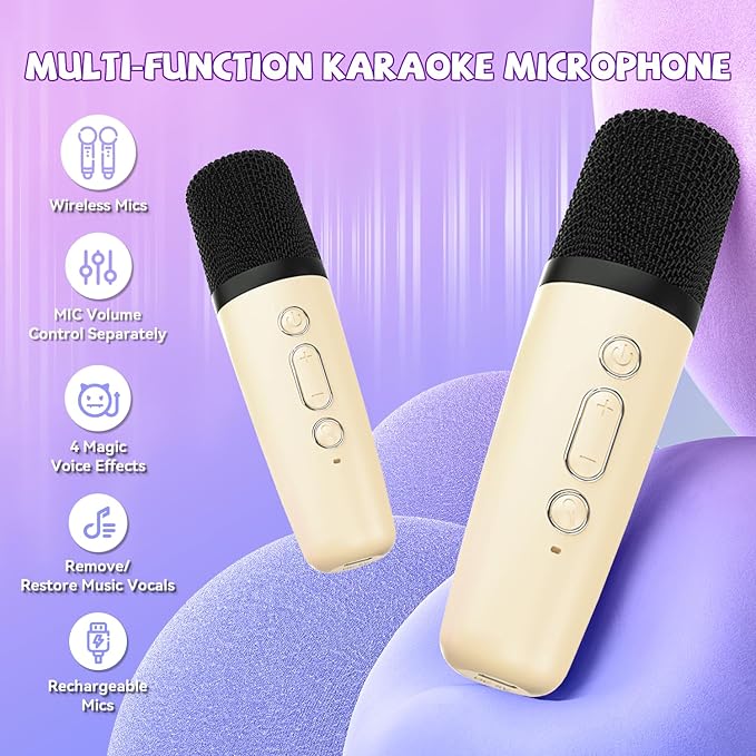 【2025 Newest】 Mini Karaoke Machine for Kids Girls & Boys - Portable Bluetooth Speaker with 2 Wireless Microphones - Kids Birthday Gifts for Ages 4-10 - Kids' Instrument Accessories - Beige