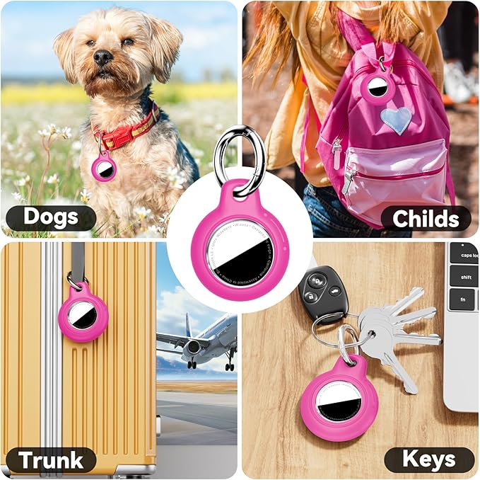 Upgrade Waterproof 4 Pack Airtags Holder with Apple Airtags Keychain, Hard PC Air Tag Case, Anti-Scratch & Shock Air tag Holder, Men's Women's Keyrings & Keychains -Rose Red+Purple+Blue+Green