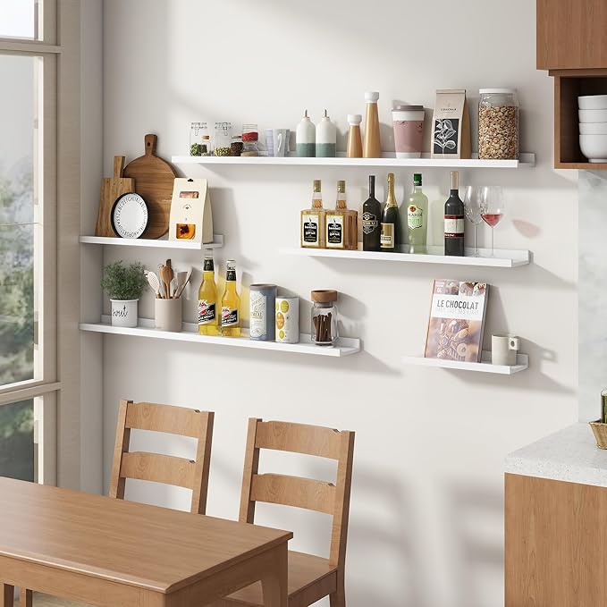 Floating Picture Ledge Shelves for Wall Set of 8, 16 Inch Solid Wood Wall Shelves with Lip Long Large Nursery Book Shelf for Toys Storage Kids Bookshelf Wall Mounted Living Room Bedroom Decor Frames