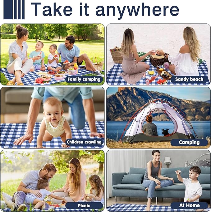 Extra Large Picnic Blanket 80''x 60'' Picnic Mat Waterproof Sand Proof Foldable for Beach, 5-Layer Outdoor Blanket for 6 to 8 Adults,Camping Lawn Hiking Park Music Festival Wedding Mats(Navy Blue)