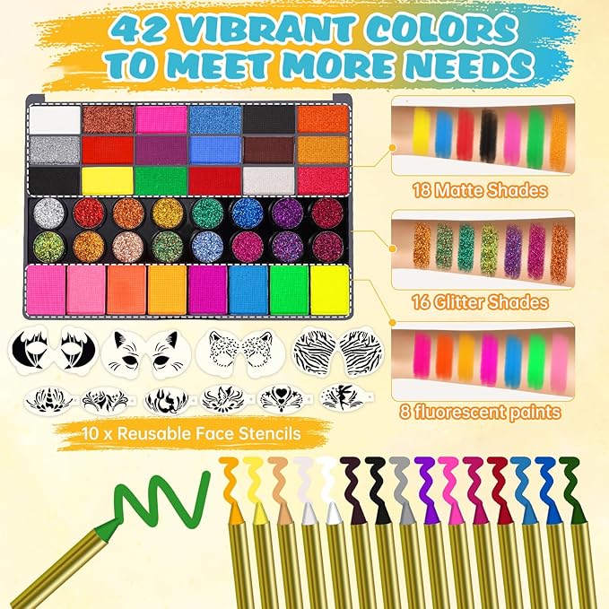Face Painting Kit for Kids - 42 Colors Washable Face Paint Professional Face Paint Kit, with Brushes, Stencils, Palette, Gems, Crayon, Non-Toxic Body Makeup for Kids Halloween, Party, Birthday