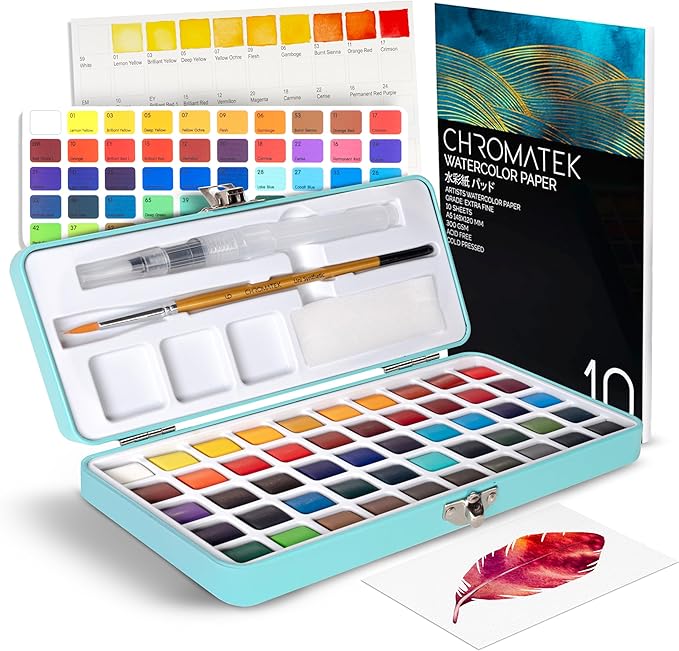 CHROMATEK Watercolor Paint Set β 50 Vivid Colors Including Transparent, Opaque & Pastel β Art Kit with Brush, Water Pen, Palette, Color Chart, Swatch Sheets, Pad & Metal Travel Case