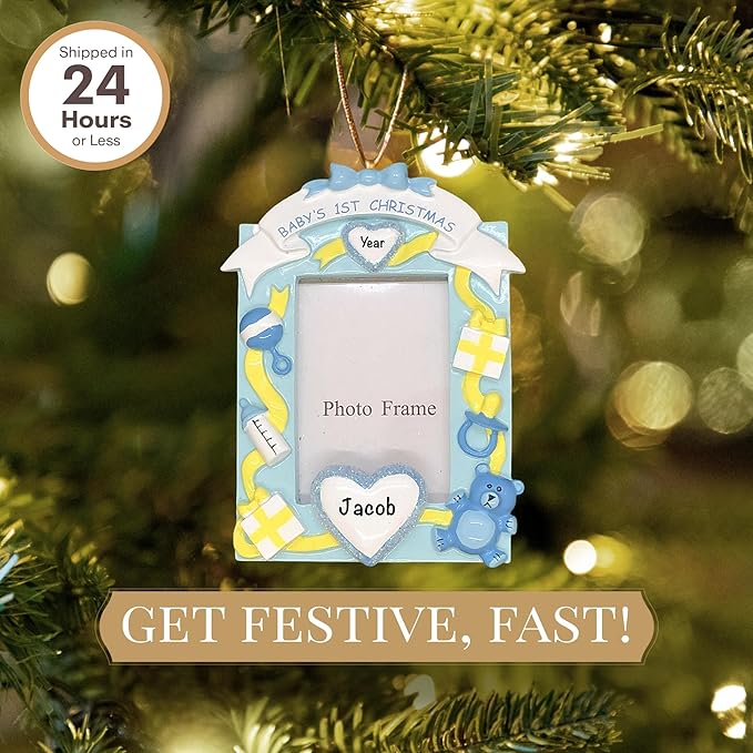 Baby Personalized Christmas Ornaments 2023 - Fast & Free 24h Customization β Pink Baby's First Picture Frame Christmas Decorations with Name - Comes Gift-Wrapped