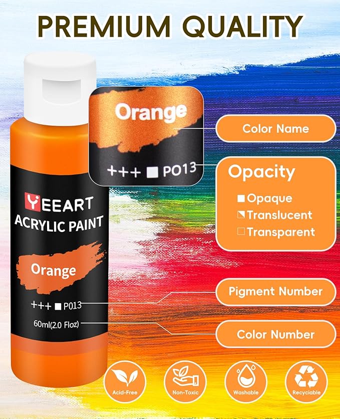 50 Color Acrylic Paint Set, 2oz Bottles, Rich Pigmented Canvas Paint with 10 Brushes &Palette, Professional Art Supplies Kit for Adults & Kids, Non-Toxic, Suitable for Canvas, Rocks, Wood