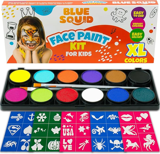 Blue Squid Face Painting Kit for Kids β Complete Face Paint Kit Palette, Stencils, 12 Colors - Safe for Sensitive Skin, Non Toxic Face Painting Kit Professional - Kids Party & Halloween Makeup Kit