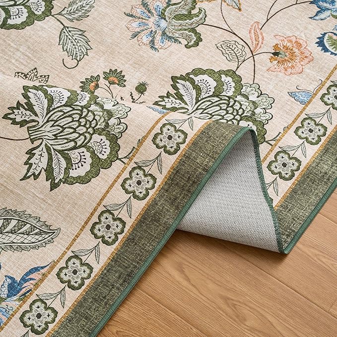 jinchan Floral Corner Rug for Living Room Washable Bedroom Rug Vintage Romance Design Non Slip Quarter Circle Lightweight Low-Pile Throw Carpet for Reading Nook Playroom,8ft Radius, Green/Beige