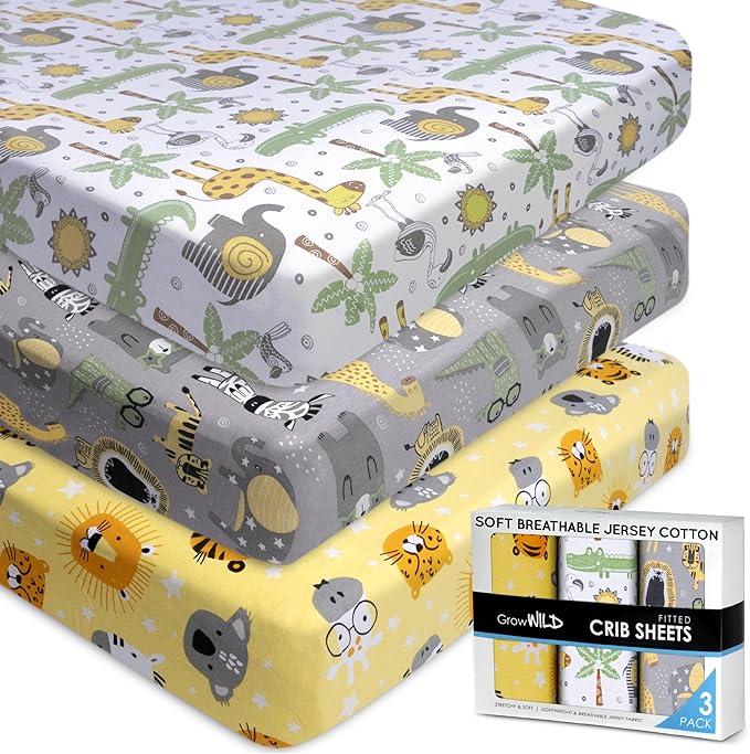 Fitted Nautical Crib Sheets (3 Pack) by GROW WILD - Jersey Knit Cotton Crib Sheet for Boys, Toddler Bed Mattress & Baby Boy Crib Bedding Set, 52β x 28β x 9β Crib Sheets (Safari Animals)