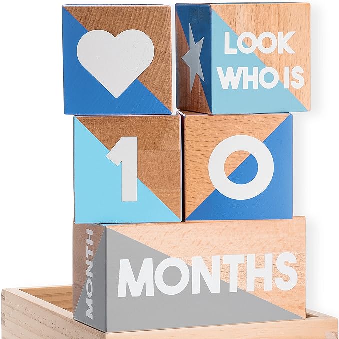 Baby Monthly Milestone Blocks — Cute Nursery Decor — Lovely Newborn Photography Props — Baby Shower Gifts (Blue & Gray)