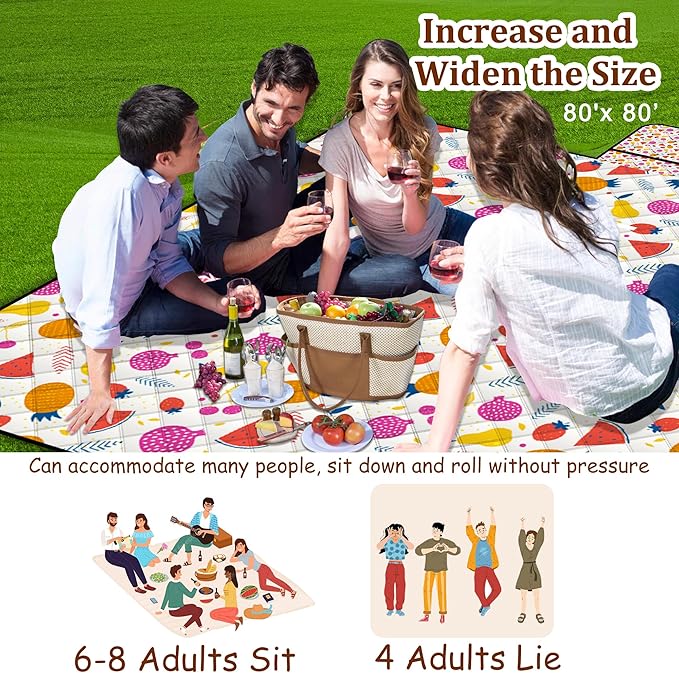 Poedist Extra Large Picnic Blanket Waterproof,80"x 80"Foldable Machine Washable Beach Blanket,Outdoor Blanket for 6-8 Adults,Suitable for Indoor Crawling,Park Beach,Camping,Hiking,Family Travel(Fruit