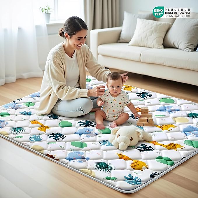 Baby Play Mats for Floor, 71x59 Playpen Mat for Babies, Extra Thicker & Soft Floor Crawling Mat, Foldable Non-Slip Playmat Cushioned for Infants Toddlers, Cute Animal Design