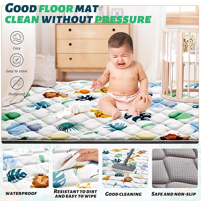 Baby Play Mats for Floor, 59x59 Playpen Mat for Babies, Extra Thicker & Soft Floor Crawling Mat, Foldable Non-Slip Playmat Cushioned for Infants Toddlers, Cute Animal Design