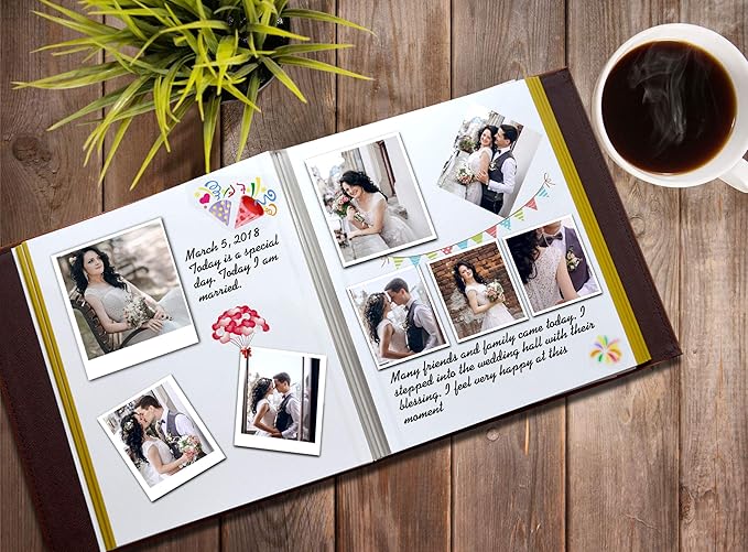 Photo Album Can Hold 3X5, 4X6, 5X7, 6X8, 8X10 Photos, Leather Cover, Magnetic Self-Stick Page, Hand Made DIY Albums (Black, Large)