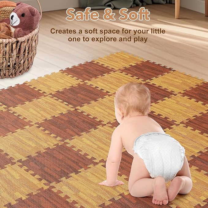 Skyweaver 24 Tiles Soft Non-Toxic Baby Play Mat for Floor EVA Foam Jigsaw Puzzle Play Mat, Interlocking Squares with 0.6inch for Babies, Toddlers & Kids Gym, Nursery, Playroom,Brown