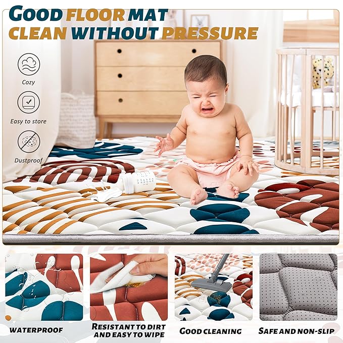 Baby Play Mats for Floor, 71x59 Playpen Mat for Babies, Extra Thicker & Soft Floor Crawling Mat, Foldable Non-Slip Playmat Cushioned for Infants Toddlers, Boho Leaf Design