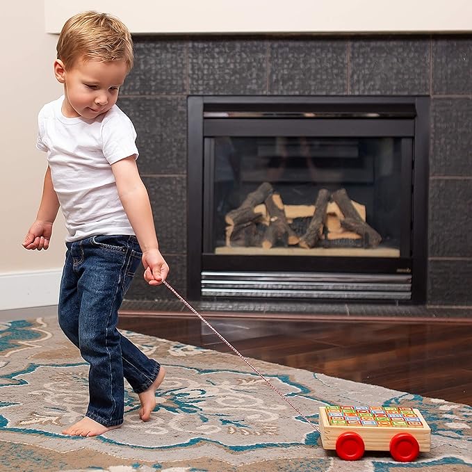 Building Blocks for Toddlers 1-3 Years Old, 30 Large Stackable Wooden Baby Blocks with Alphabet and Number Icons on Every Side, Toy Wagon Included
