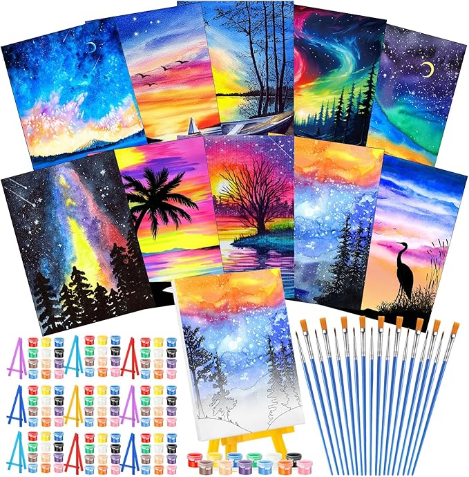 Blosssound 10 Set Pre Printed Canvas Pre Drawn Canvas Painting with Easel Kits 5" x 7" Outline Painting Panels for Beginners, DIY Craft Project, Party Favor, Home Decors(Dream Sky)