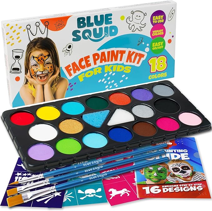 Blue Squid Face Painting Kit for Kids β 18 Colors Kids Face Paint Kit Palette with Stencils & Guided Tutorial, Water Activated Non Toxic Washable Professional Facepaint body set Halloween Party Makeup