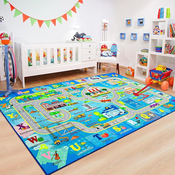 Chicrug 4x6 Car Road Area Rug for Kids Playroom Bedroom, Non Slip Low Pile Washable ABC Alphabet Carpet for Classroom, City Track Play Mat for Toddler Children Nursery Baby Room Decor, Blue
