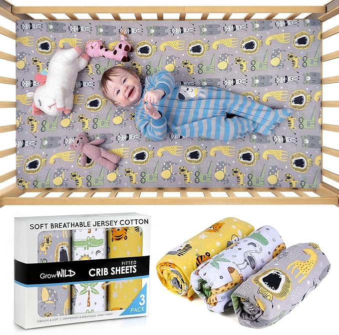 Fitted Nautical Crib Sheets (3 Pack) by GROW WILD - Jersey Knit Cotton Crib Sheet for Boys, Toddler Bed Mattress & Baby Boy Crib Bedding Set, 52β x 28β x 9β Crib Sheets (Safari Animals)