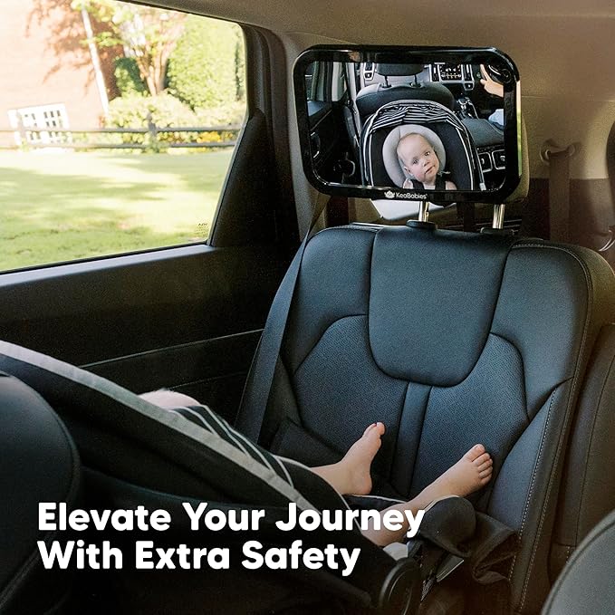 Large Shatterproof Baby Car Mirror, Backseat - Safety Car Seat Mirror for Baby Rear Facing, 360 Wide Crystal Clear View, Accessories for Removable Headrest, Easy Install & Adjustable (Sleek Black)