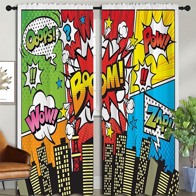 Superhero City Wars Explosion Rod Pocket Blackout Curtains for Boy Girl Bedroom, Colorful Comics Ar Thermal Insulated Home Window Drapes for Living Room Darkening, 84x72 inch