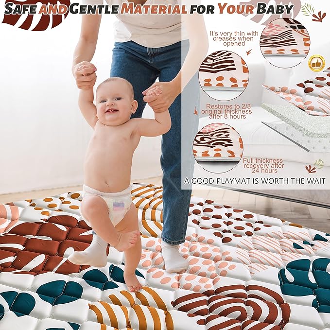 Baby Play Mats for Floor, 43x43 Playpen Mat for Babies, Extra Thicker & Soft Floor Crawling Mat, Foldable Non-Slip Playmat Cushioned for Infants Toddlers, Boho Leaf Design