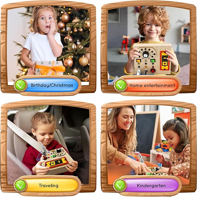 Wooden Montessori Musical Busy Board for Toddlers for 3-5 Year-Old with Mechanical Turner, Colorful Bulbs, Switches, Buttons - Enhance Sensory, Motor Skills (Updated)