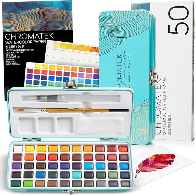 CHROMATEK Watercolor Paint Set β 50 Vivid Colors Including Transparent, Opaque & Pastel β Art Kit with Brush, Water Pen, Palette, Color Chart, Swatch Sheets, Pad & Metal Travel Case