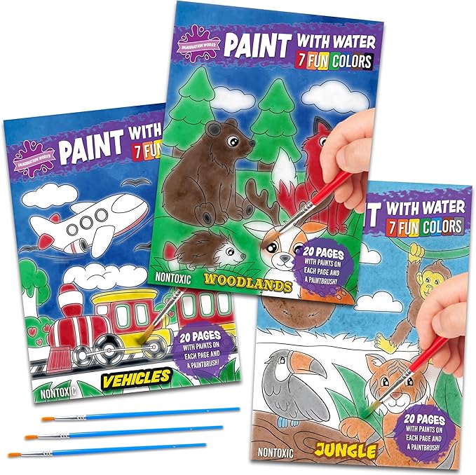 Imagination Works® Paint with Water Books for Kids, 3 Pack | Watercolor Coloring Book Set for Toddler Activities | Spillproof Kids Paint Palettes on Each Page (Jungle, Vehicles, Woodland)