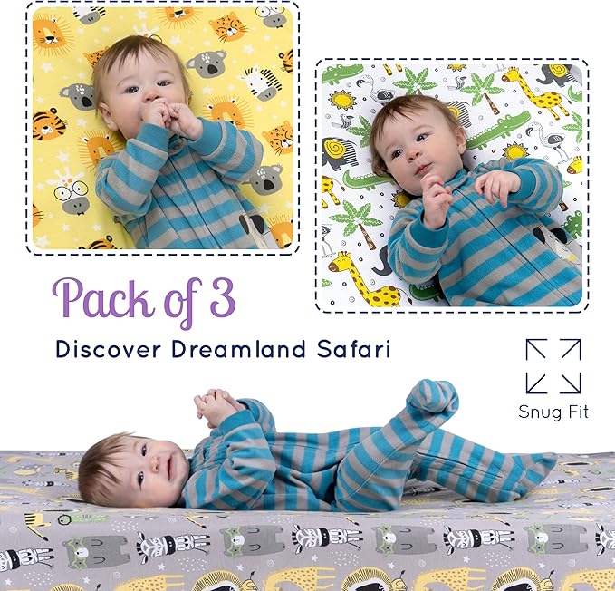 Fitted Nautical Crib Sheets (3 Pack) by GROW WILD - Jersey Knit Cotton Crib Sheet for Boys, Toddler Bed Mattress & Baby Boy Crib Bedding Set, 52β x 28β x 9β Crib Sheets (Safari Animals)