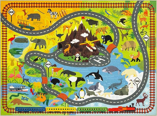 KC Cubs 5x7 Animal Safari Toy Car Road Rug – Educational Play Mat Carpet for Kids, Toddlers, Nursery, Classroom, Playroom, Baby Daycare, Boys & Girls
