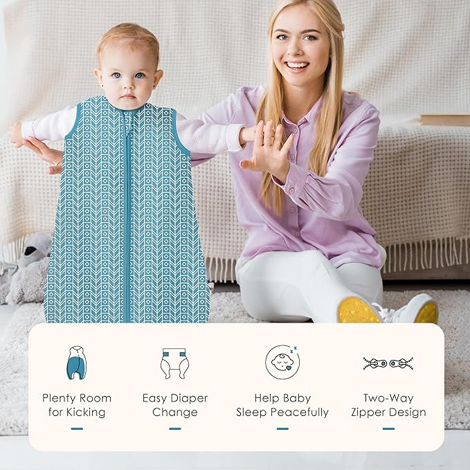 SWEET DOLPHIN Baby Sleep Sack 12-18 Months - 100% Cotton 2-Way Zipper TOG 0.5 Infant Wearable Blanket, Newborn Essentials Toddler 3 Pack Sleeping Sacks - Peacock Blue