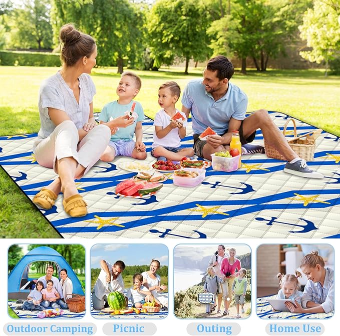 Poedist Extra Large Picnic Blanket Waterproof,80"x 80"Foldable Machine Washable Beach Blanket,Outdoor Blanket for 6-8 Adults,Suitable for Indoor Crawling,Park Beach,Camping,Hiking,Family Travel(Boat)
